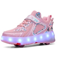 Jungen Mädchen Rollschuhe Schuhe Mit 4 Rollen Skateboardschuhe, Verstellbar Jugend Schuhe mit Rollen und LED Licht, Multifunktionale Sportschuhe Outdoorschuhe für Kinder Erwachsene...-Rosa||31 - 31 EU