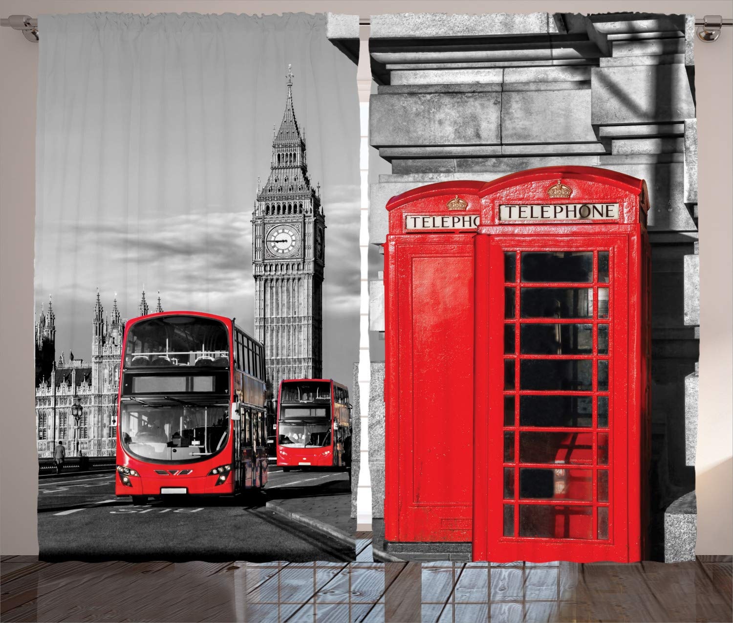 ABAKUHAUS Europa Rustikaler Gardine, London Retro Telefonzelle, Schlafzimmer Kräuselband Vorhang mit Schlaufen und Haken, 280 x 175 cm, Grau Rot