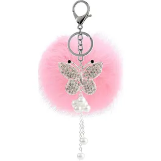 Schlüsselanhänger plüsch Ball Glizter Strass Perle DIY Schmetterling Mode Plüsch-Kugel Pompom Süß Weich Schlüsselring bommel Keychain Handtaschenanhänger Dekor Autoschlüssel-Anhänger (# 5)