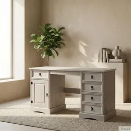 VCM Mexico Schreibtisch Breite 141 cm, Höhe 76 cm mit 5 Schubladen und 1 Tür in grau.