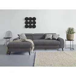 Ecksofa COTTA "Mia L-Form mit 3 Zierkissen", grau, B:236cm H:74cm T:164cm, 100% Polyester, Sofas, wahlweise mit Bettfunktion, Bettkasten, Beleuchtung & Wireless-Charger