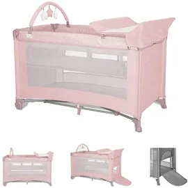 Lorelli Reisebett Torino plus 2 Ebenen Wickelauflage Spielbogen Räder faltbar pink