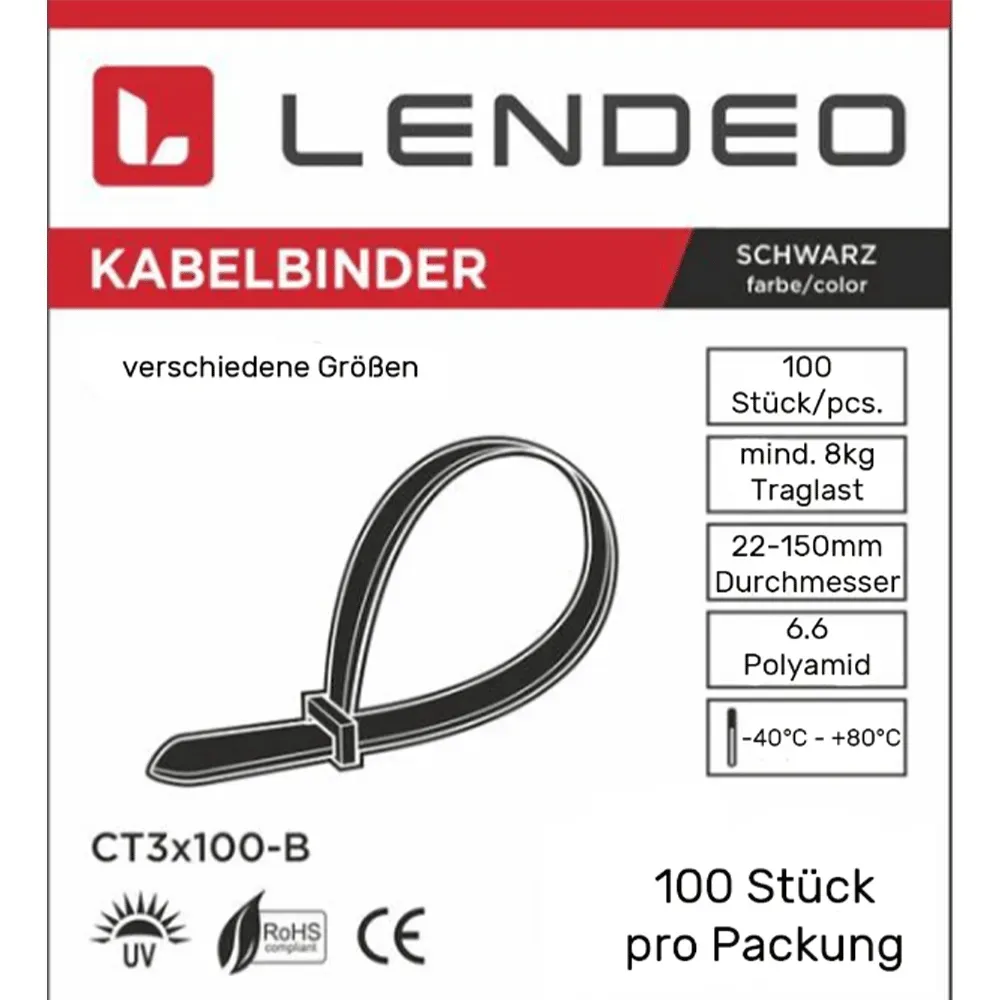 Lendeo Kabelbinder schwarz verschiedene Größen 100 Stk. Polyamid UV-bestädnig, Kabelbinder: 3.6x370 mm