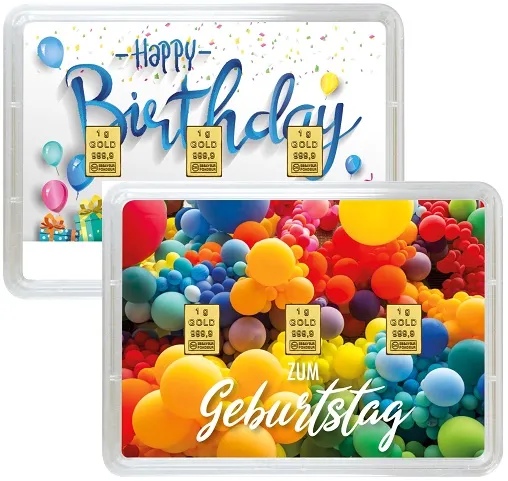 3 x 1 g Gold Geschenkkarte Happy Birthday