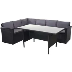Mendler Poly-Rattan-Garnitur HWC-A29, Gartengarnitur Sitzgruppe Lounge-Esstisch-Set, schwarz ~ Kissen dunkelgrau