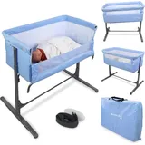 Mobiclinic Mobiclinic®Kids, Beistellbett Baby, 2 in 1, Moon, Befestigungsgurte am Bett, 5-stufig verstellbar, Transporttasche, inklusive räder, - Hellblau