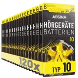 ABSINA Hörgerätebatterien 10 120 Stück mit gut greifbarer Schutzfolie - Hörgeräte Batterien 10 Zink Luft mit 1,45V - Typ 10 Batterien Hörgeräte Gelb - PR70 ZL4 P10 Hörgerätebatterien