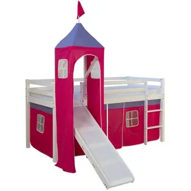 Homestyle4u Hochbett 90 x 200 cm Kiefer massiv lackiert weiß pink