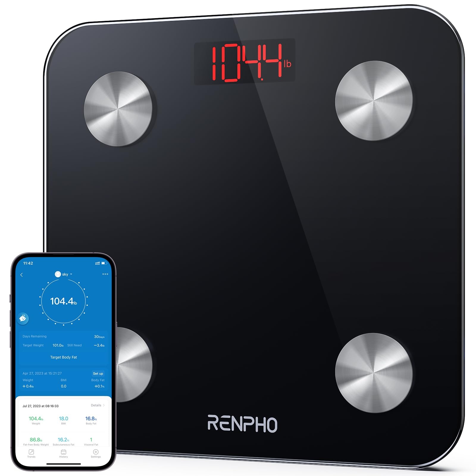 RENPHO Körperfettwaage Personenwaage, Digitale Waage Personen mit hochpräzisen Sensoren, Ultradünn, Bluetooth Waage für Körperfett, BMI, Gewicht, Muskelmasse, Wasser