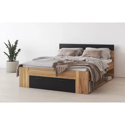 Bettgestell INOSIGN "Faweza, Breite 160 bzw. 180 cm, Stauraumbett", beige (eiche mauvella, schwarz, eiche mauvella, schwarz), B:166cm H:90cm L:205cm, Betten, Funktionsbett Schublade mit extra viel Stauraum