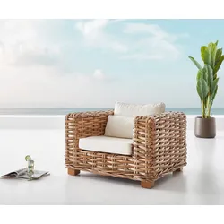 DELIFE Fauteuil-Lounge Nizza en rotin naturel avec coussin blanc, Meubles de jardin et terasse