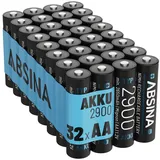 ABSINA Akku AA Mignon 2900 32er Pack - NiMH AA Akku mit 1,2V & min. 2650mAh - Aufladbare Batterien AA für Geräte mit hohem Stromverbrauch - Akkus AA für Blitzgerät, Wii & Xbox Controller