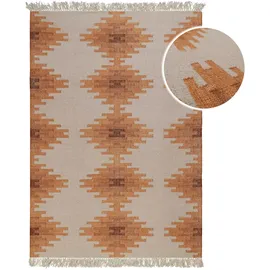 Green Looop Wollteppich GREEN LOOOP "Belle", beige (beige, hell), B:80cm H:5mm L:150cm, Wolle, Teppiche, Fransen, Kelim, handgewebt, Natur, Wohnzimmer, Schlafzimmer, Raute