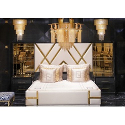 Casa Padrino Luxus Schlafzimmer Set Creme / Schwarz / Gold - 1 Doppelbett mit verspiegeltem Kopfteil & 2 Nachtkommoden - Luxus Schlafzimmer Möbel - Luxus Schlafzimmer Einrichtung