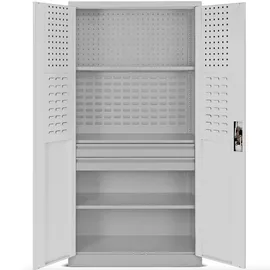 Jan Nowak Werkzeugschrank Werkstattschrank mit Schubladen Flügeltüren 3 Fachböden Pulverbeschichtung 185 cm x 92 cm x 50 cm (Grau)