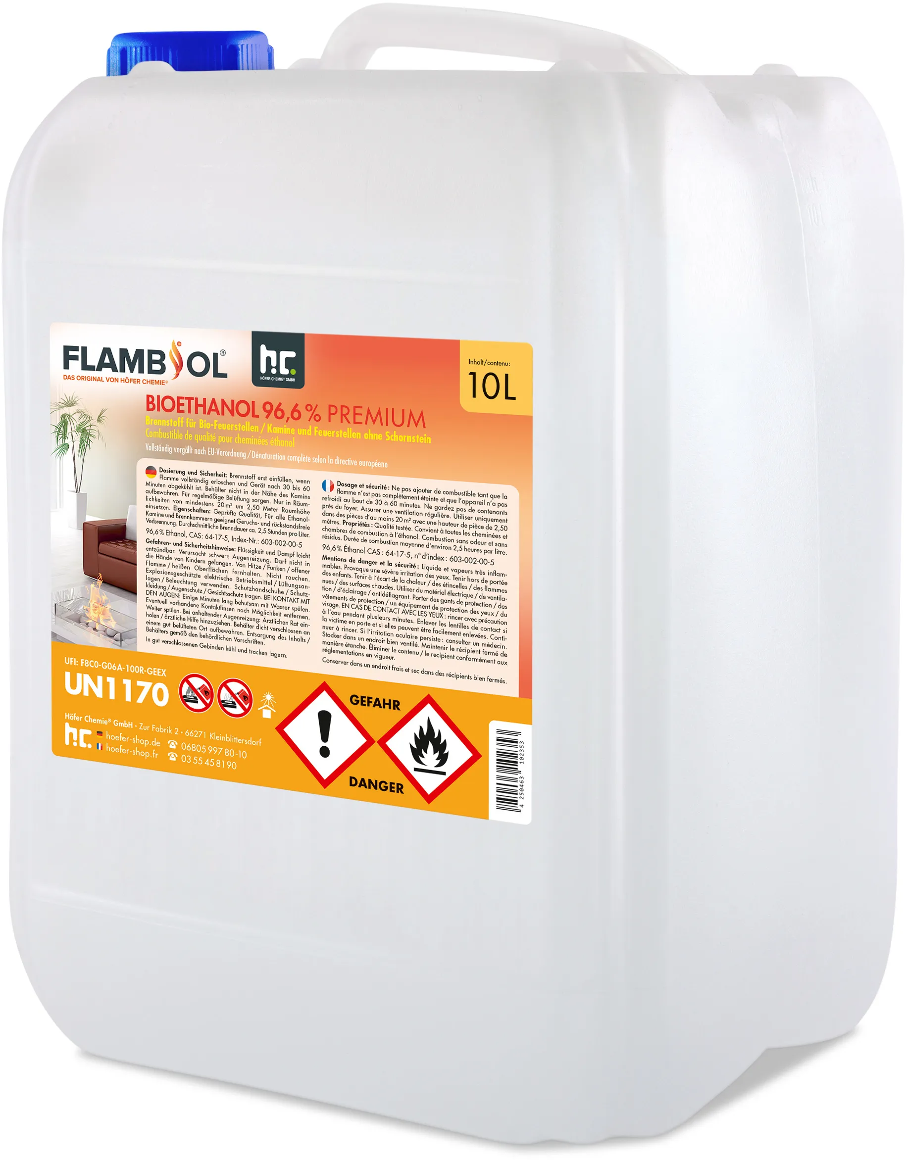 60 x 10 L FLAMBIOL® Bioéthanol 96,6% Premium pour cheminée à éthanol en bidons