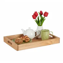 Relaxdays Serviertablett, Holz & MDF, HxBxT: 5 x 55 x 35 cm, Essenstablett mit Griffen, hoher Rand, rechteckig, Natur