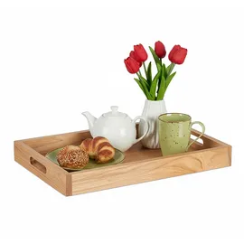 Relaxdays Serviertablett, Holz & MDF, HxBxT: 5 x 55 x 35 cm, Essenstablett mit Griffen, hoher Rand, rechteckig, Natur