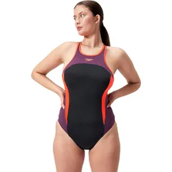 Speedo Badeanzug Hohe Nek Splice Cross Back Schwarz/Rot/Blau 38