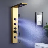 KINKIBOS Golden Duschpaneel mit Armatur, 6 Funktionen Duschpaneel mit LED Regen&Wasserfall Dusche, 3 Massagedüsen, Handbrause und Wasserfall Wanneneinlauf, Duschsäule aus Edelstahl