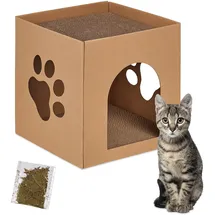 Relaxdays Katzenhaus Pappe, Katzenhöhle mit Kratzbrett, zum Zusammenbauen, inkl. Katzenminze, HBT: 30x30x30,5 cm, braun,