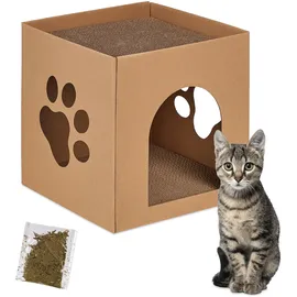 Relaxdays Katzenhaus Pappe, Katzenhöhle mit Kratzbrett, zum Zusammenbauen, inkl. Katzenminze, HBT: 30x30x30,5 cm, braun,