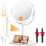 Auxmir Kosmetikspiegel mit Beleuchtung, 30X Doppelseitig Vergrößerungsspiegel mit Licht, 8" Dimmbar 3 Lichtfarben 64 LED Schminkspiegel, 360° Drehbar & Abnehmbar für Bad & Reise