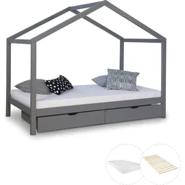 Homestyle4u Hausbett 90 x 200 cm Kiefer grau