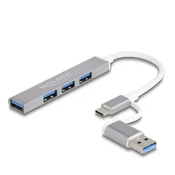 Delock 4 Port Slim USB Hub mit USB Type-CTM oder USB Typ-A zu 3 x USB 2.0 Typ-A Buchse + 1 x USB 5 Gbps Typ-A Buchse