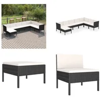 vidaXL 8 tlg. Garten Lounge Set mit Auflagen Poly Rattan Schwarz - Garten-Sofagarnitur - Garten-Sofagarnituren - Gartensofa-Set - Gartensofa-Sets - Schwarz