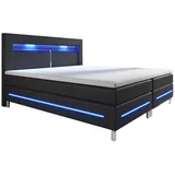 Juskys Boxspringbett Norfolk 180 x 200 cm – LED Beleuchtung, Bonell-Matratzen & Topper - schwarz