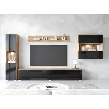 INOSIGN Wohnwand INOSIGN "PARIS, Vitrine Türanschlag links/rechts wechselbar", schwarz (kastanien breslau, schwarz hochglanz), B:300cm H:130cm T:33cm, Hartfaserplatte, Kastenmöbel-Sets, Wohnwand, grifflose Design, stehend und hängend montierbar