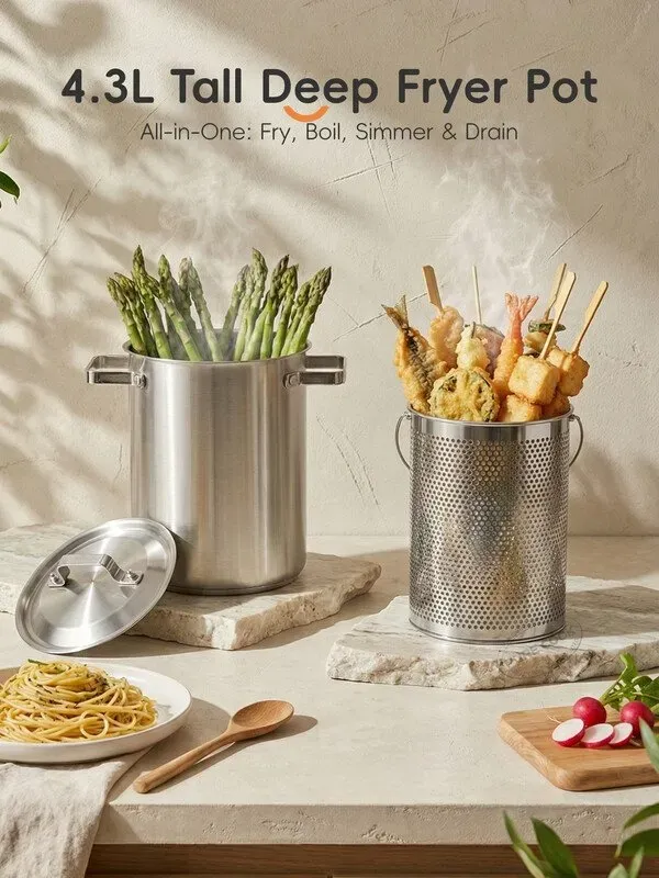 PURE COOK 4,3 L (4,5 QT) Edelstahl Frittierkessel | 304 mit eingeschlossener Bodenplatte für schnelles, gleichmäßiges Erhitzen