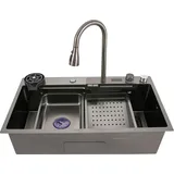 Küchenspüle Arbeitsstation - Doppelbecken rechteckig - Maße 81x46 cm - Wasserfall mit Digitalanzeige - Ausziehbare Armatur - Edelstahl - Aufsatz...
