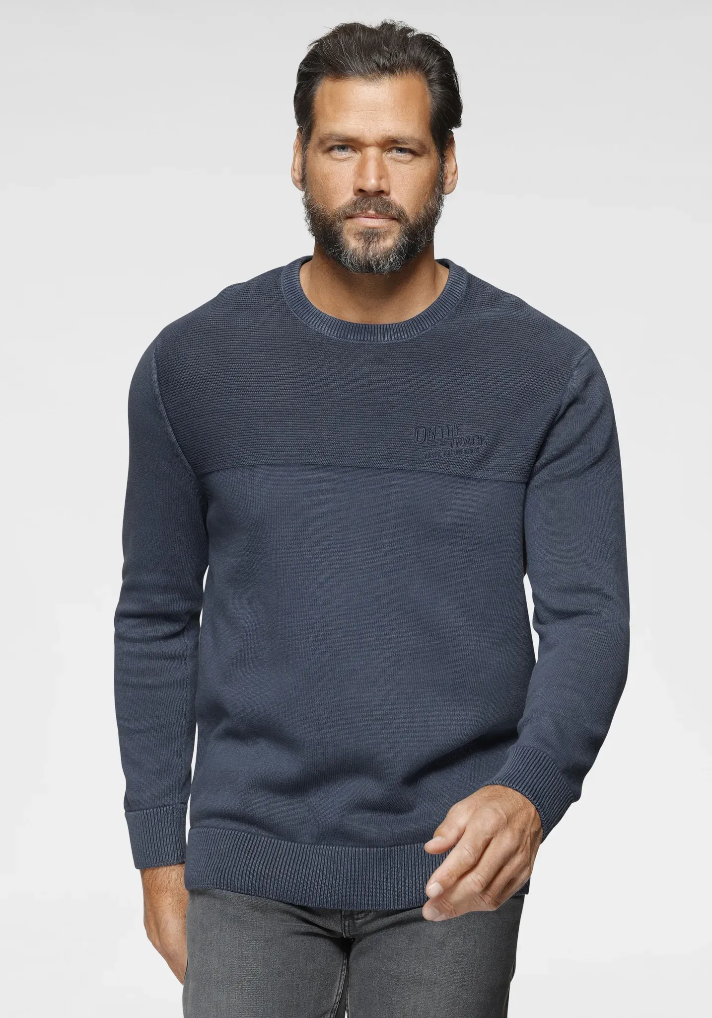 Rundhalspullover ARIZONA, Herren, Gr. XL (56/58), blau (blau, stone, washed), Feinstrick, Obermaterial: 100% Baumwolle, unifarben, normal, Rundhals, Rippstrickbündchen, Pullover Rundhalspullover, in gewaschener Qualität