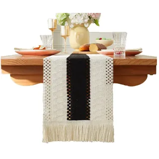 Kaket Tischläufer Makramee Tischläufer Boho Baumwollflachs Tischläufer mit Quasten (1-tlg), Esstisch dekorieren und schützen schwarz 30 cm x 180 cm