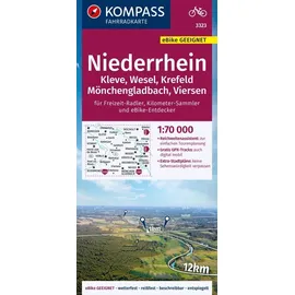 Kompass Fahrradkarte 3323 Niederrhein, Kleve, Wesel, Krefeld, Mönchengladbach, Viersen mit Knotenpunkten 1:70.000: