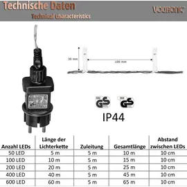 Voltronic LED Lichterkette IP44, Modell- und Farbwahl, 200 LEDs, Grünes Kabel, warmweiß