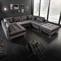 Samt XXL Wohnlandschaft KENT 305cm grau Federkern inkl. Hocker und Kissen Couch