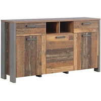 Forte Sideboard Clif 3 Türen 2 Schubladen, Holzwerkstoff, Old Wood Vintage/ Betonoptik Dunkelgrau, 156,4 x 86,3 x 41,6 cm