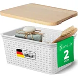 Novaliv 2er Set Eleganter Aufbewahrungskorb mit Holzdeckel in Rattan-Optik | Weiß Lebensmittelecht Kunststoff 5L – Perfekt für Bad & Kleidungsa...