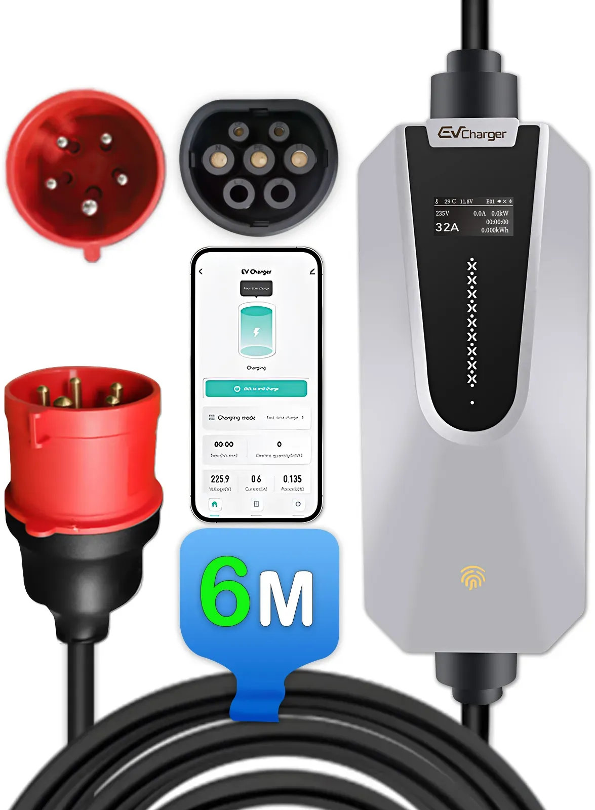 Junsun EV Ladegerät Elektroauto Ladekabel Typ 2 6-32A 11KW/22KW APP-Steuerung - 3-Phasig - 22KW - 6M