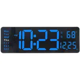 Plumeet Digitale Wanduhr, 40.5cm LED-Wanduhr mit Fernbedienung, Große Ziffern, Automatisches Dimmen, Digitaler Alarm zeigt Datum, Blau