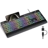 seenda KOE200 Kabelgebundene Tastatur beleuchtet, ergonomische Tastatur mit Handyhalter und Handballenauflage für PC/Tablet/Smarthandy/Windows/Mac, USB & Typ C Kabel, leise Klicken - QWERTZ Layout
