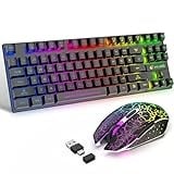 87 Tasten Drahtlose Tastatur Maus Combo Regenbogen von hinten beleuchtet 2.4G wiederaufladbare mechanische Feel Gaming-Tastatur+2400DPI 6 Tasten Optische Regenbogen-LED-Gaming-Maus+Mauspads (schwarz)