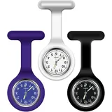 Vicloon Krankenschwester Uhren,3 Pcs Schwesternuhren mit Clip, Dehnbare Silikon Hülle, um Bruch zu Verhindern, Glow Pointer, Quarzwerk, Ansteckuhr für Krankenschwestern und Ärzte - Schwarz Blau Weiß