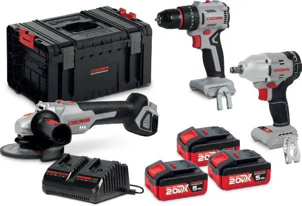 CROWN Akku Schlagbohrschrauber / Schlagschrauber / Winkelschleifer 20 V Set