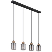 GLOBO Pendellampe schwarz Esstischleuchte 4 flammig Rauchglas Hängeleuchte, Metall schwarz matt, Holz, 4x E27, LxBxH 78x10x120 cm