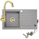 faizee home Granitspüle Küchenspüle mit Siphon und Armatur Gold Spülbecken Einbauspüle 76x44 Grau