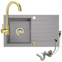 faizee home Granitspüle Küchenspüle mit Siphon und Armatur Gold Spülbecken Einbauspüle 76x44 Grau